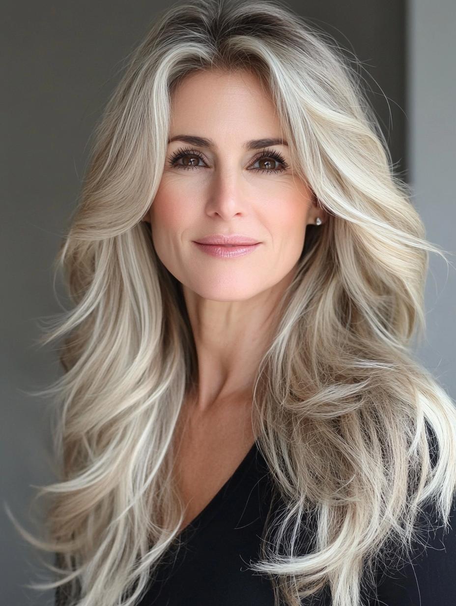 Voluminous blowout, feathered layers, glamorous look