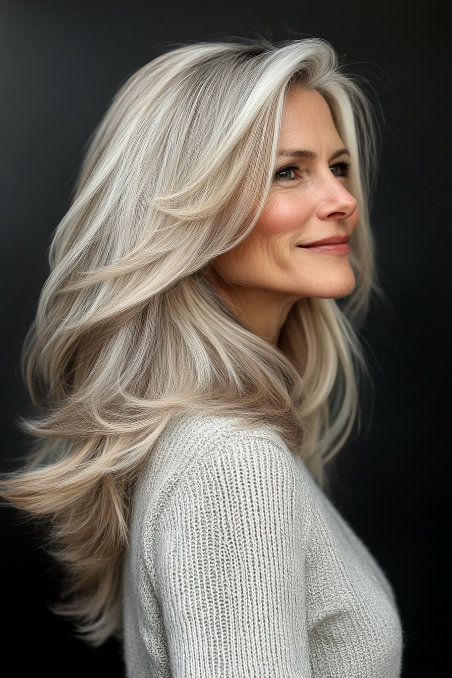 Classic layered cut, silver highlights, elegant style