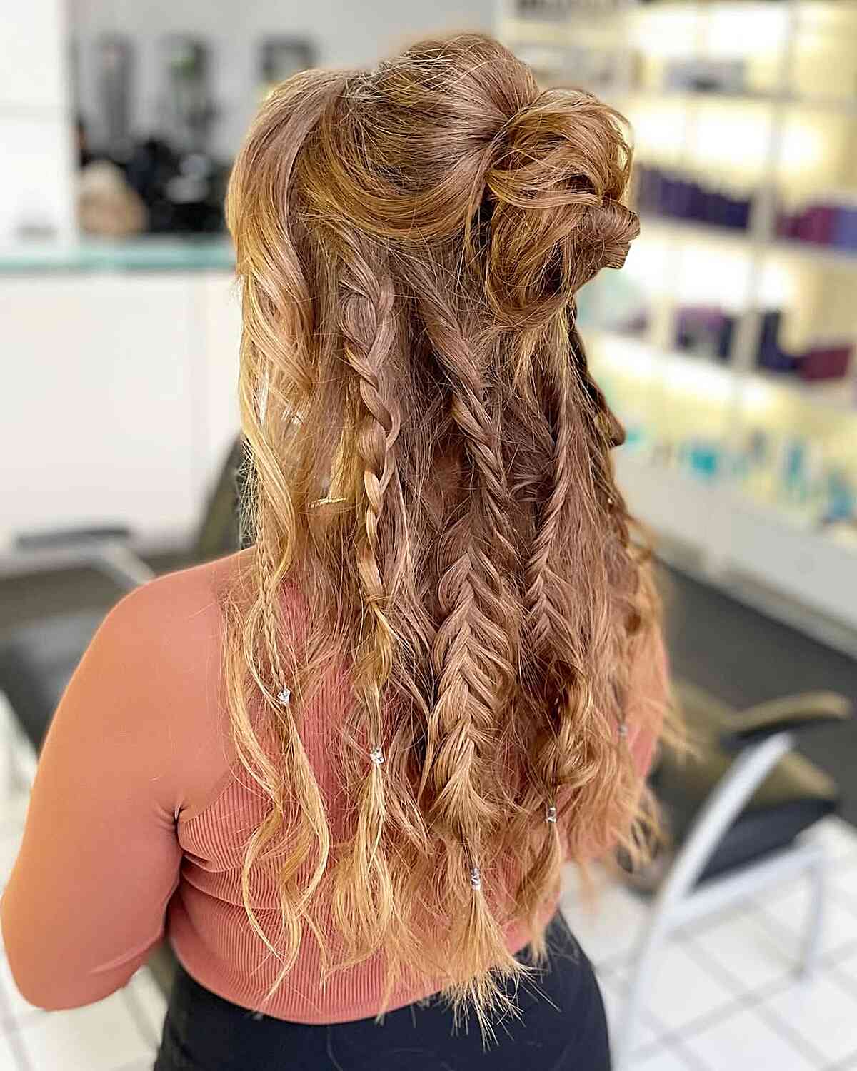 Boho braided half-up, loose waves, casual style