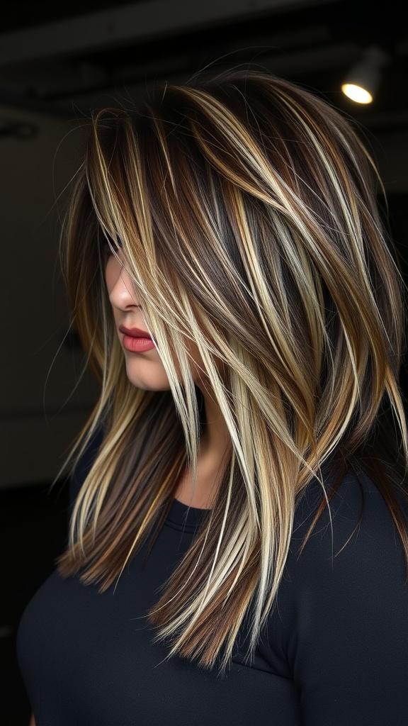 Layered hair, bold highlights, dimensional look