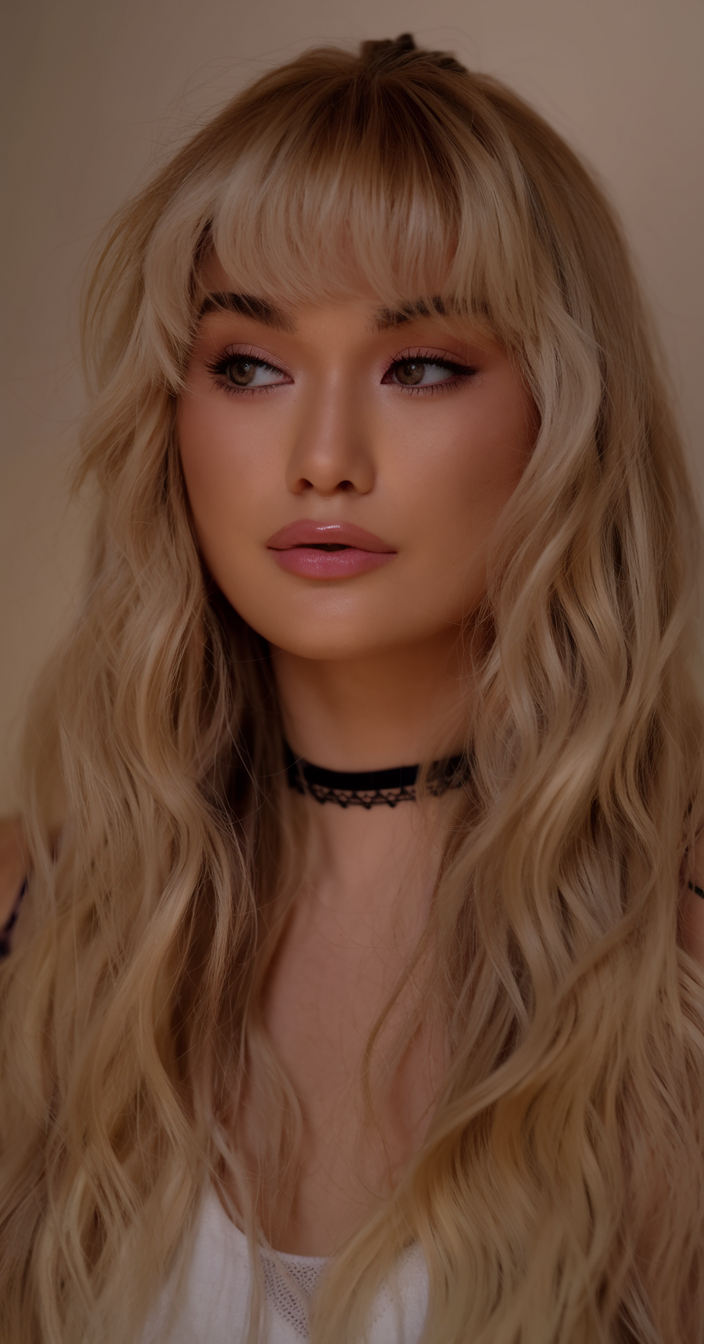 Beachy waves, curtain bangs, carefree look