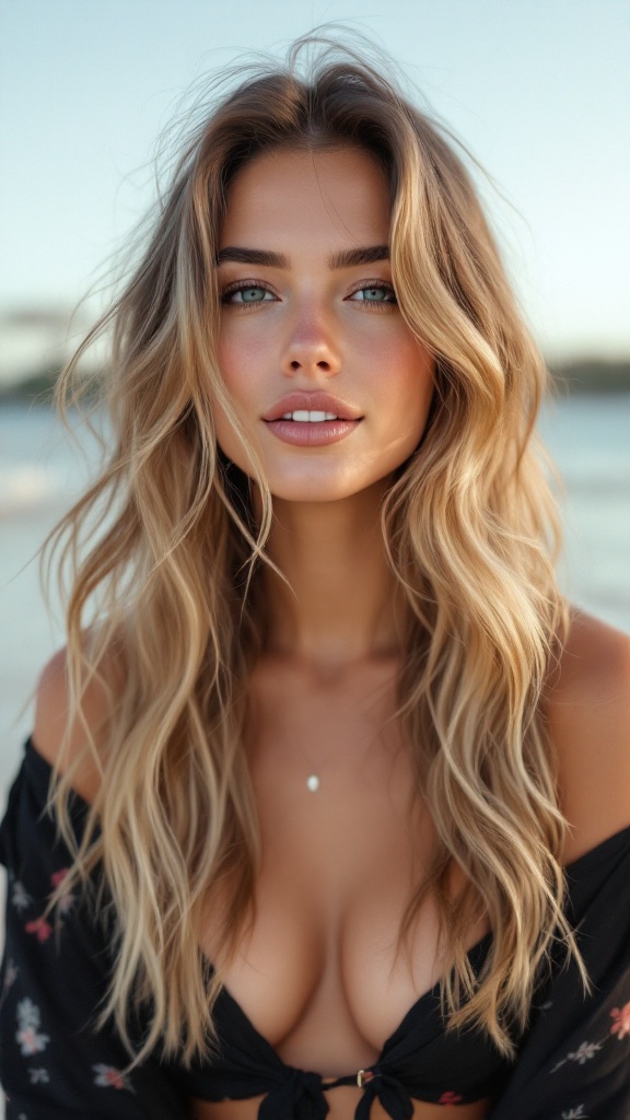 Sun-kissed beach waves and natural glow
