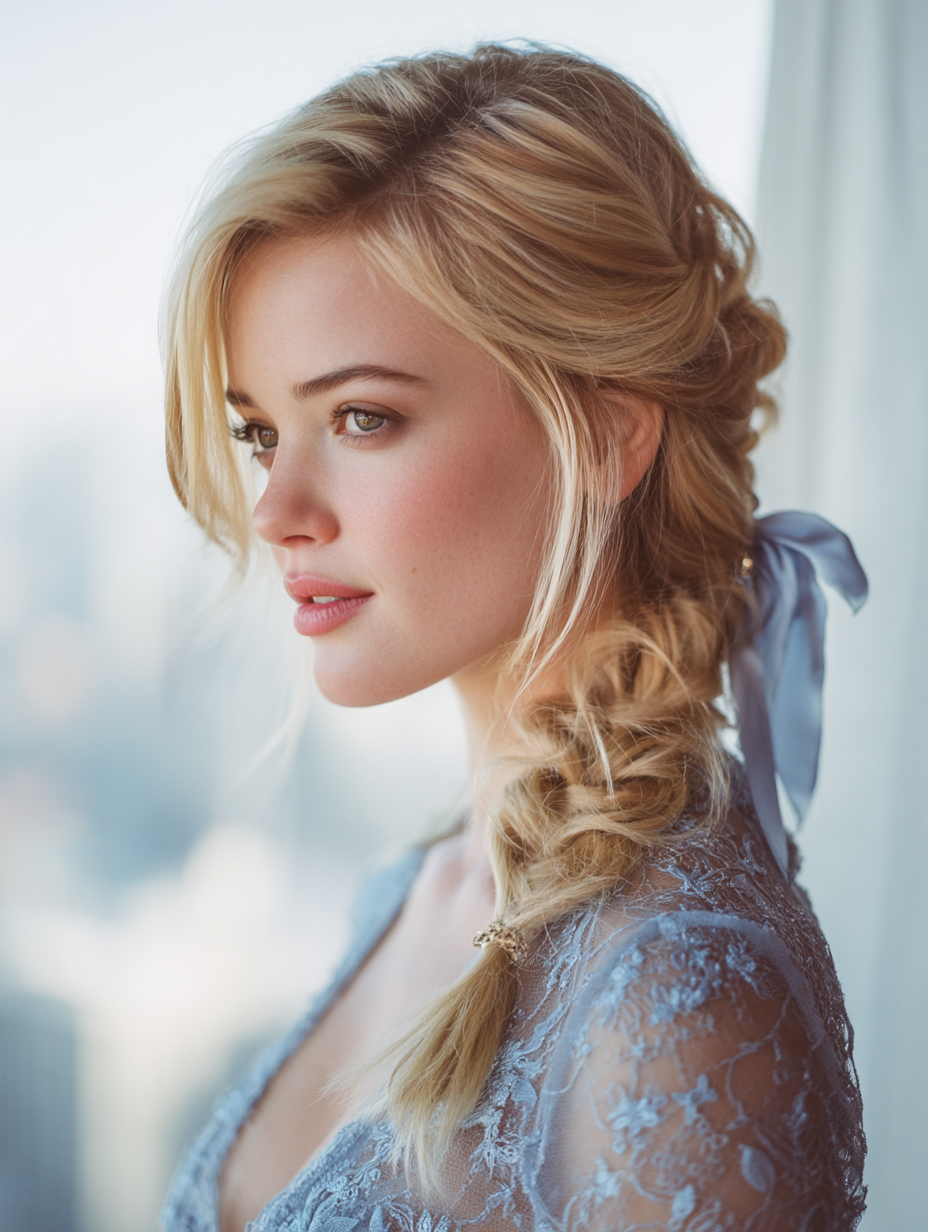 Romantic braided updo with soft tendrils