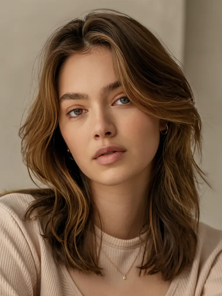 Layered shag with soft waves and natural tones