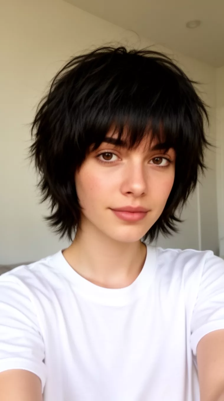 Edgy shag with choppy bangs and textured finish