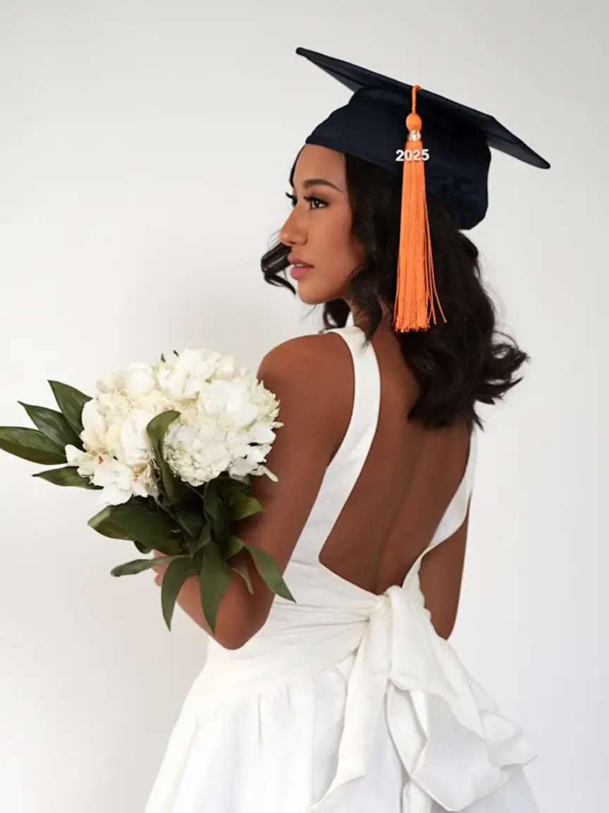 Graduation hairstyle with soft waves and cap
