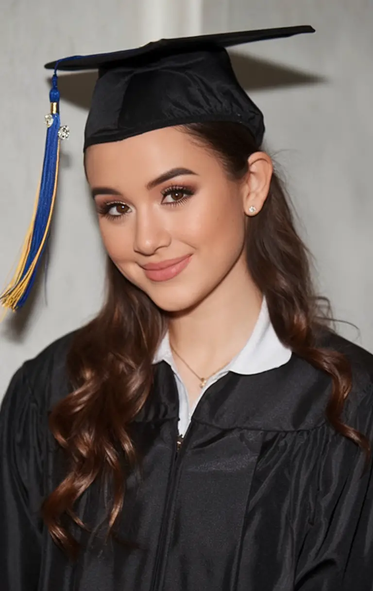 Graduation hairstyle with loose curls and cap