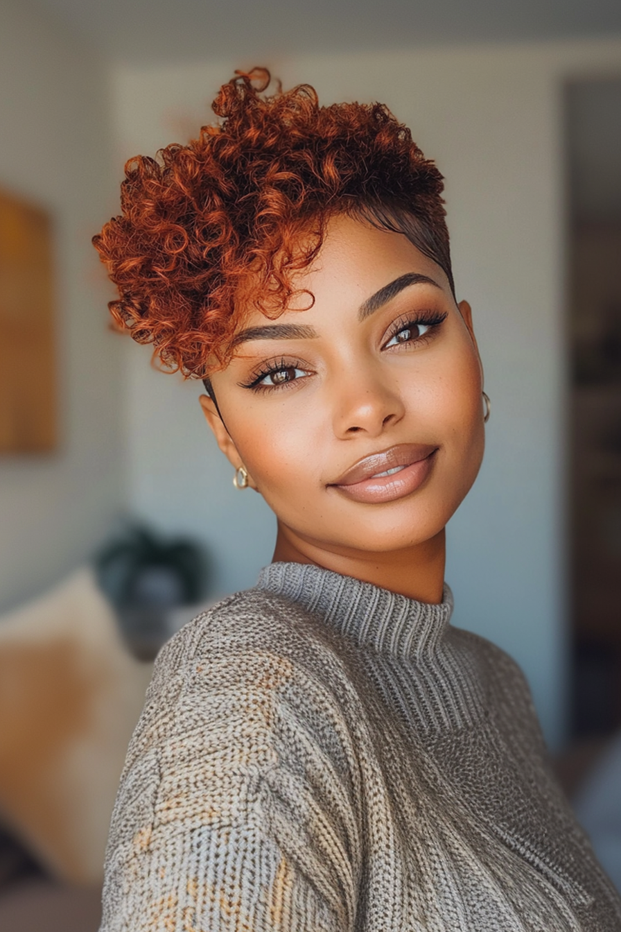 Curly pixie with auburn highlights