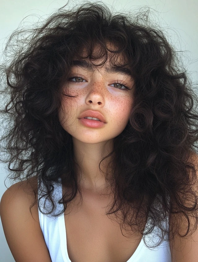 Voluminous shag haircut with curly bangs