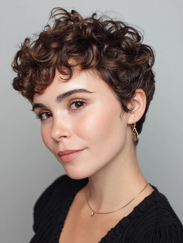Soft curly pixie cut with defined curls