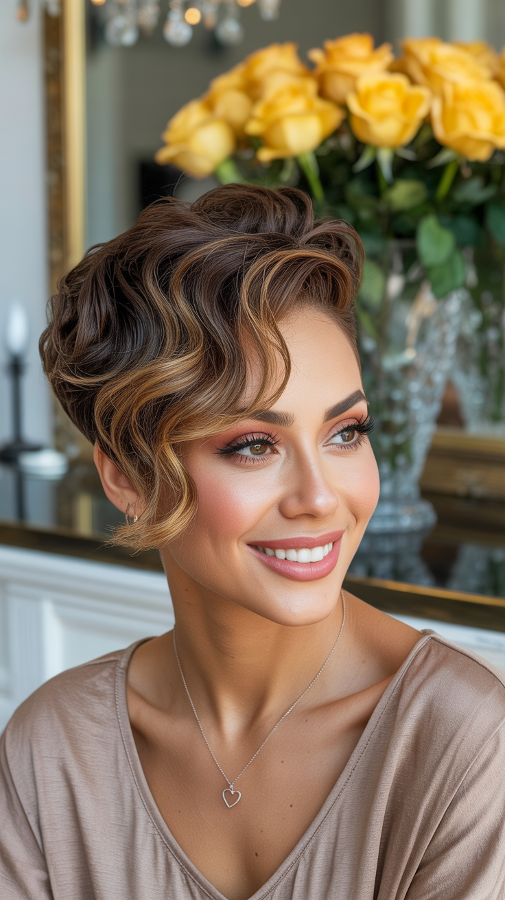 Elegant wavy pixie haircut with highlights