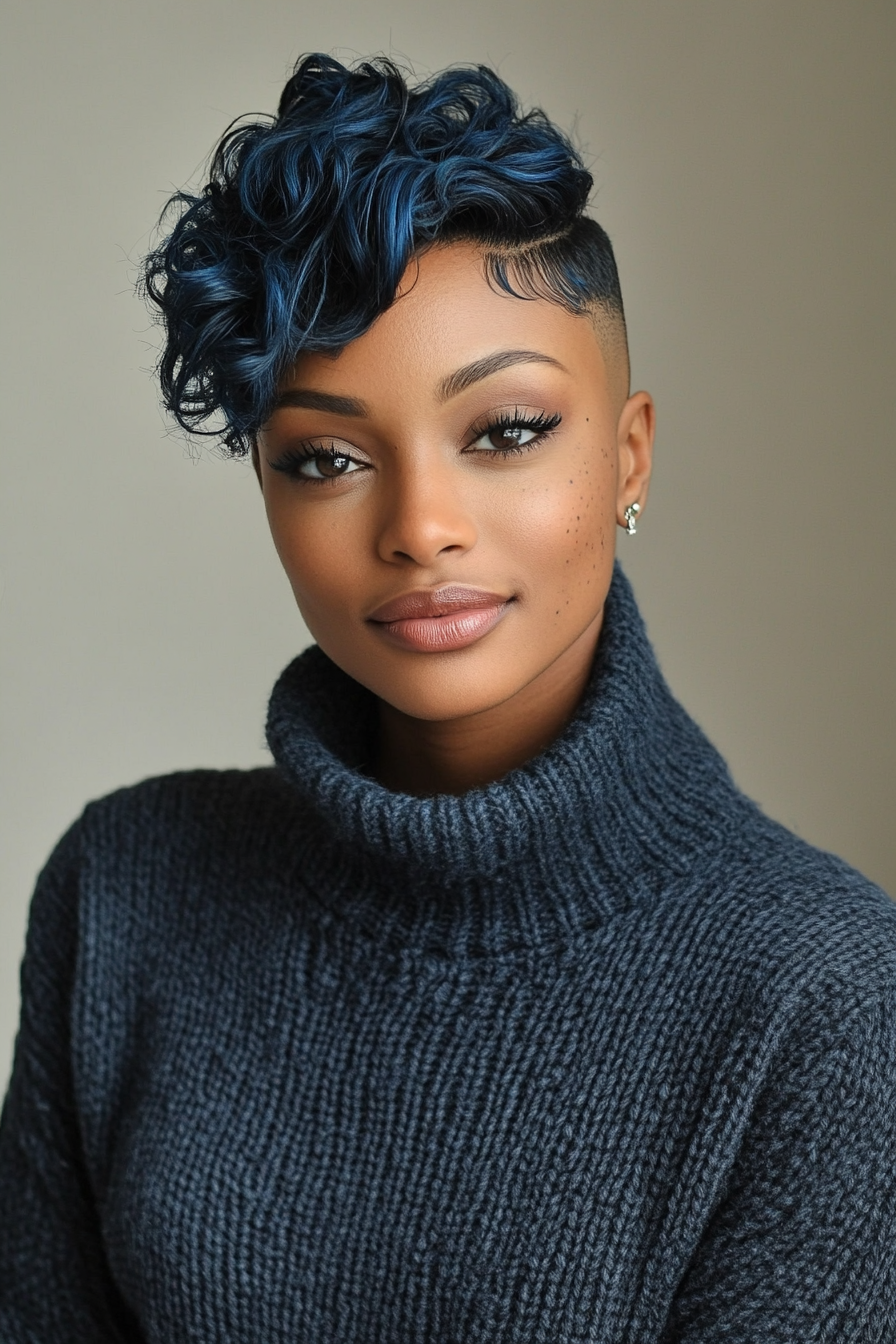 Bold undercut with curls and blue hue