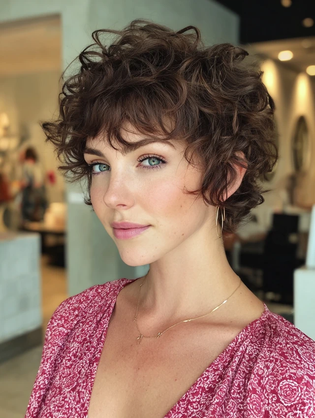 Curly shag haircut with bangs and volume