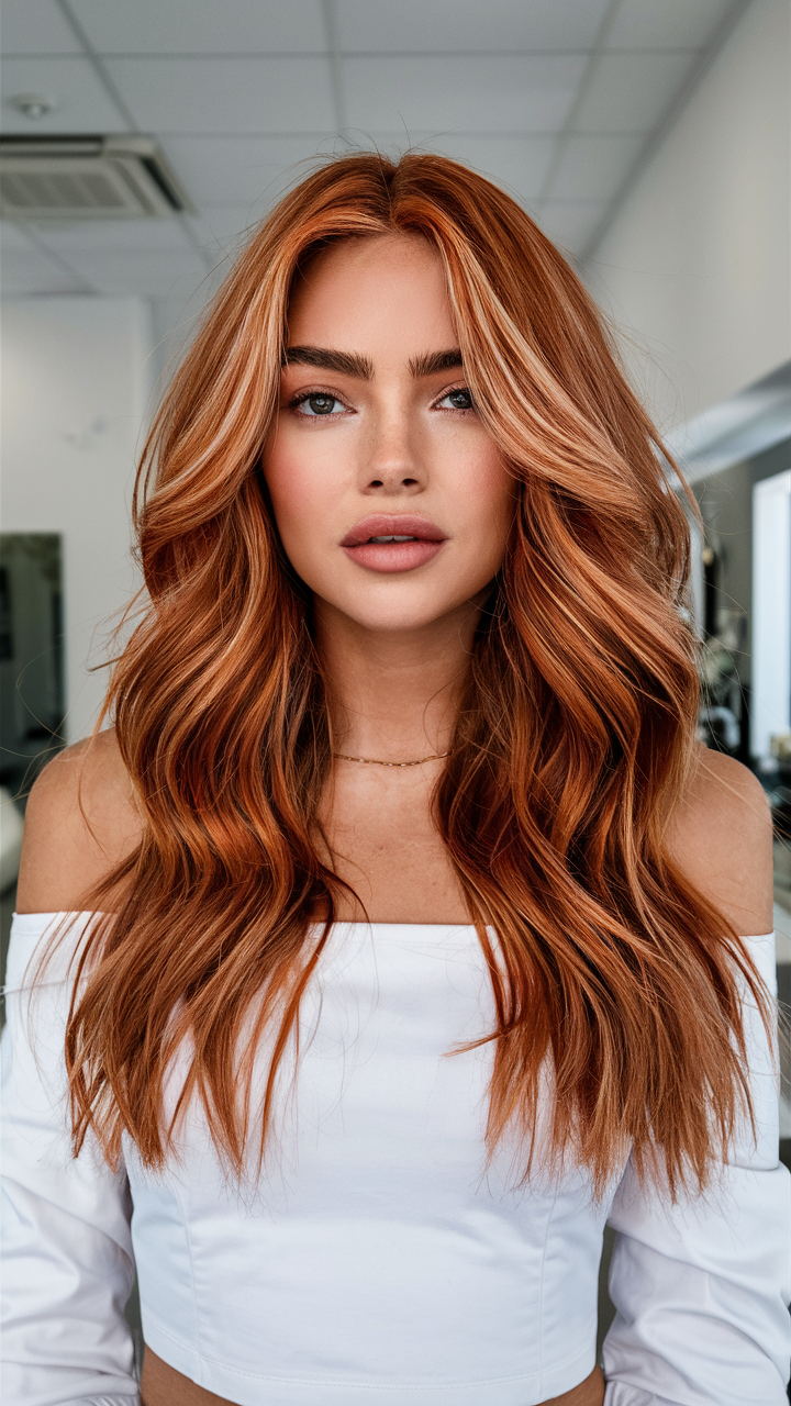 Light brown hair with copper balayage highlights