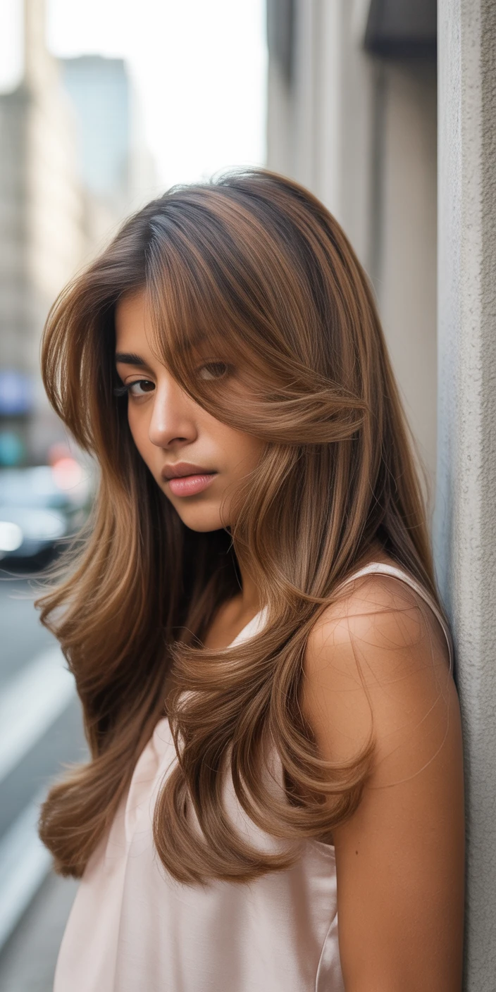 Light brown hair with soft layers and curtain bangs