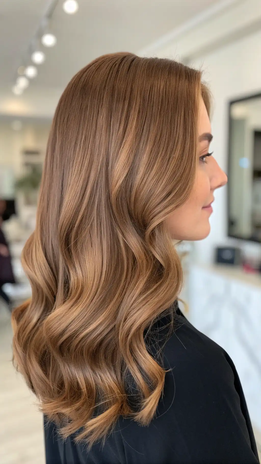 Elegant curls with subtle lowlights in light brown hair