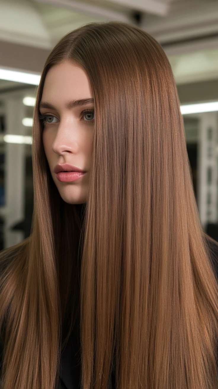 Sleek and straight light brown hair with natural shine