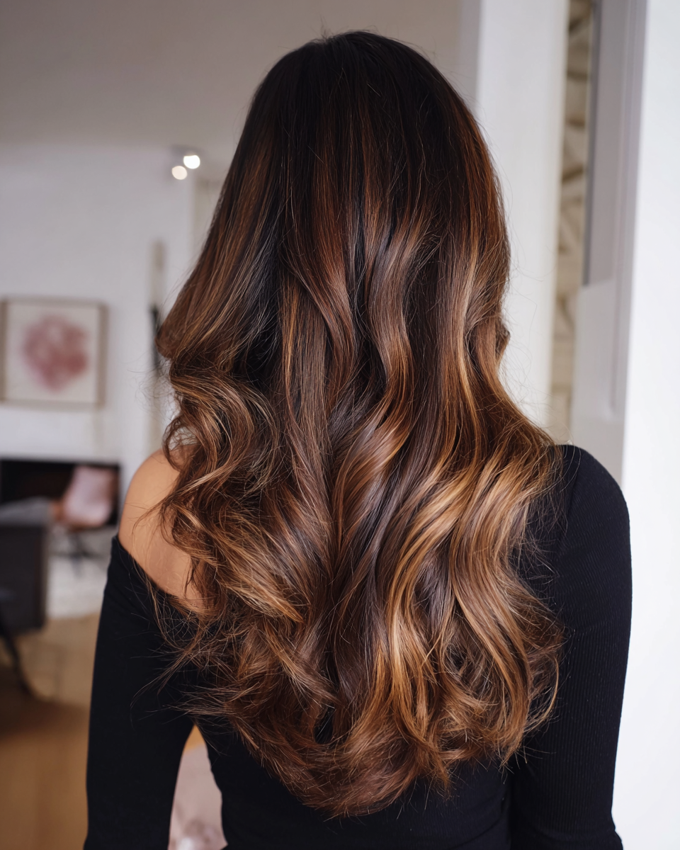 Voluminous curls with caramel highlights