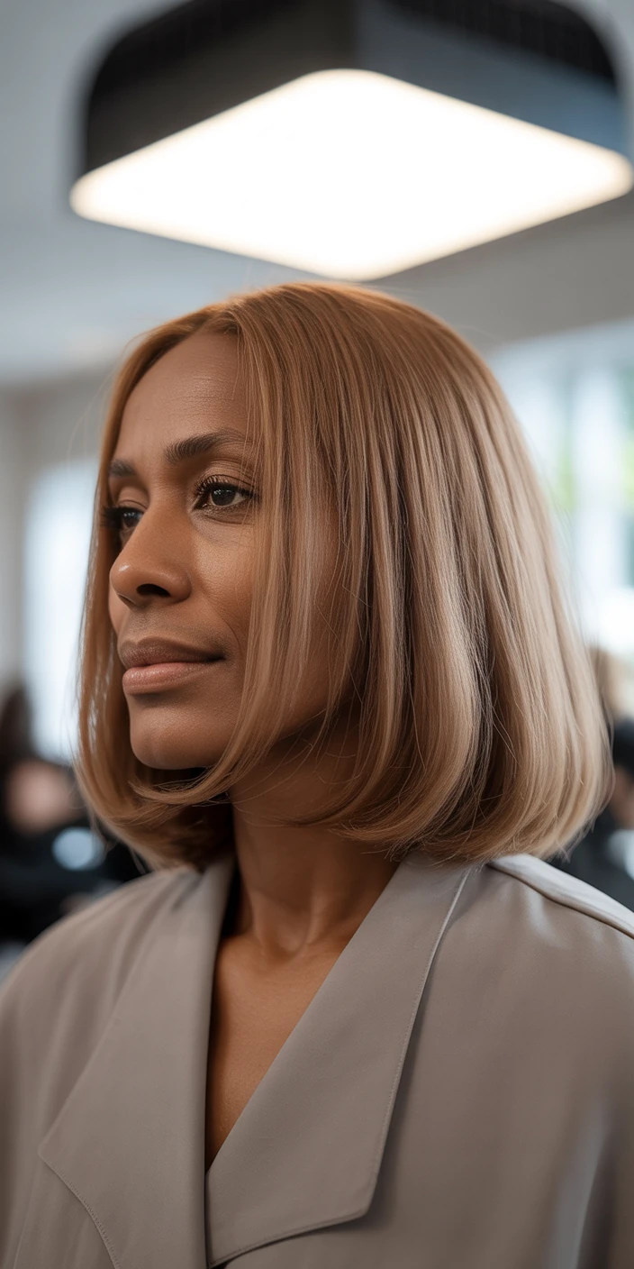 Sleek bob with honey blonde hues