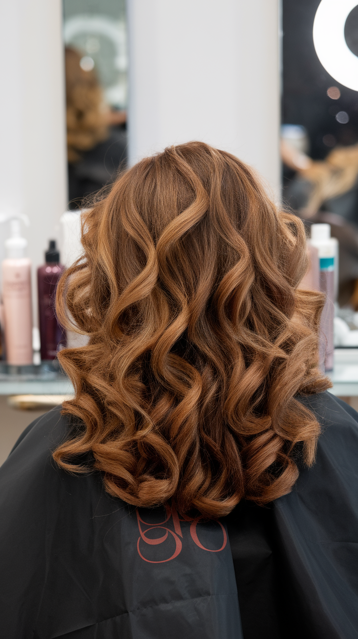 Defined curls with auburn tones on light brown hair