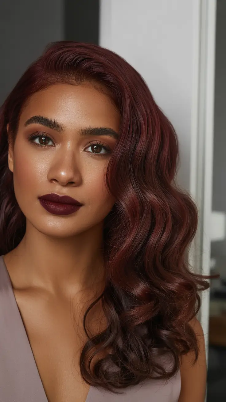 Rich burgundy waves with glossy finish on light brown hair