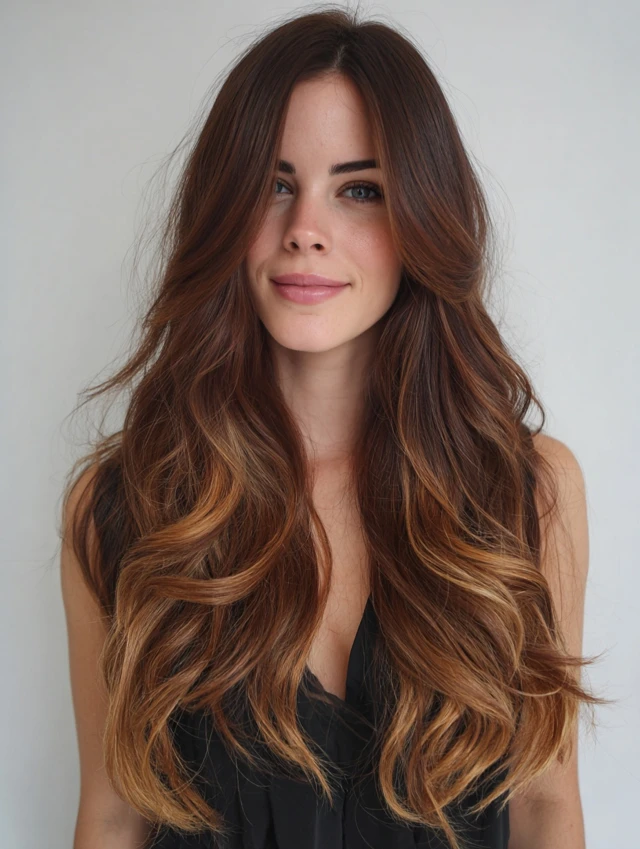 Layered waves with sun-kissed highlights on light brown hair