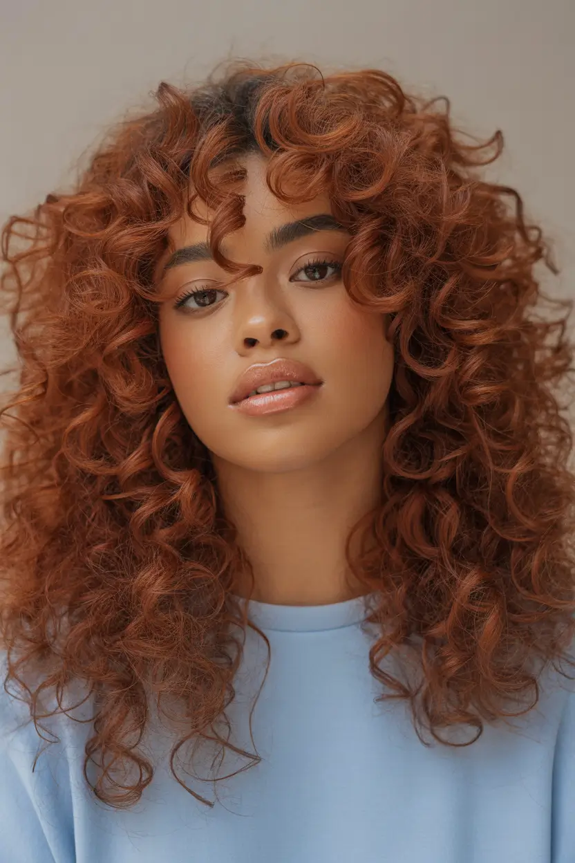 Defined curls with copper tones on light brown hair