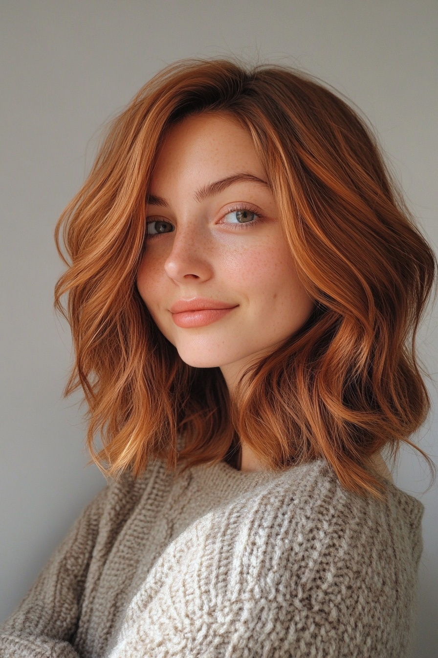 Warm auburn waves with lob cut