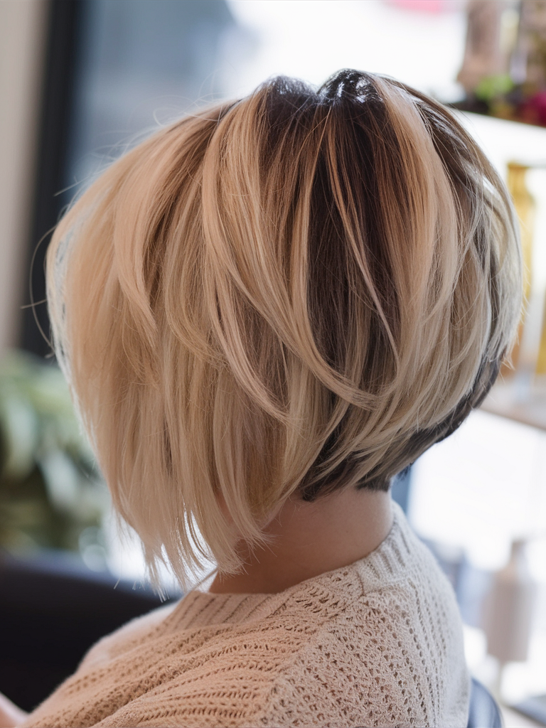 Layered blonde bob with root shadow