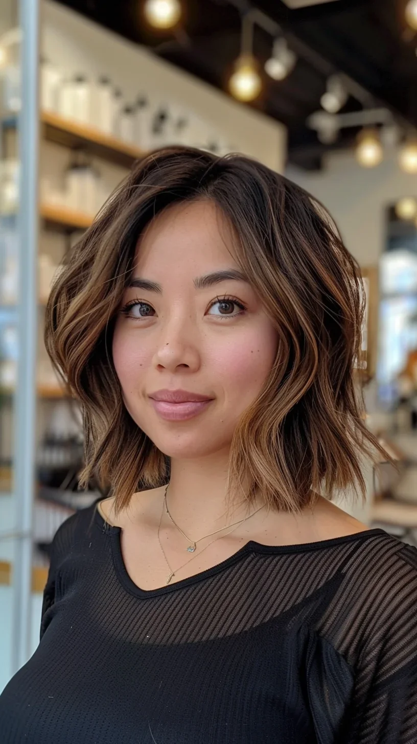 Textured wavy lob with highlights
