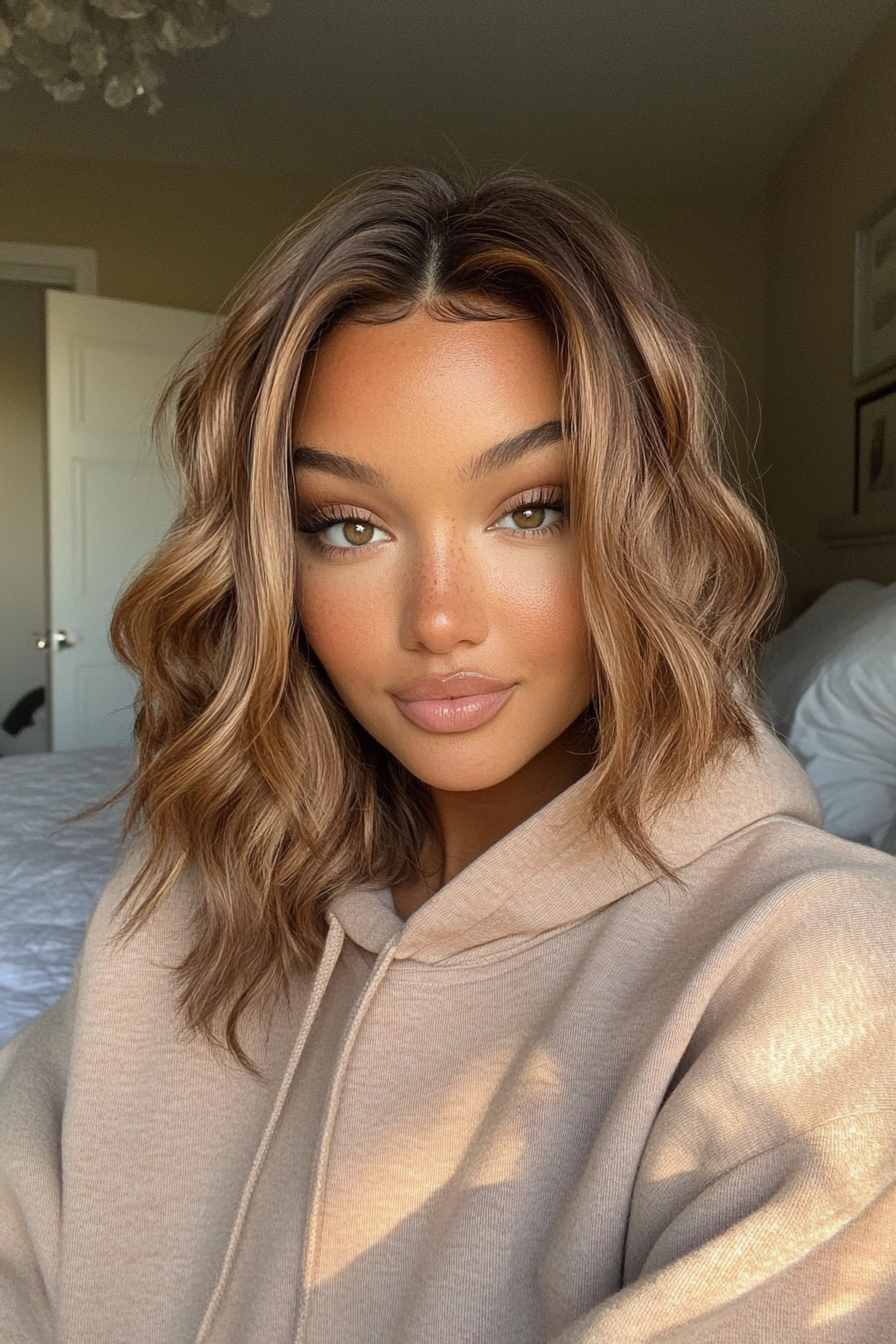 Soft caramel waves with lob cut