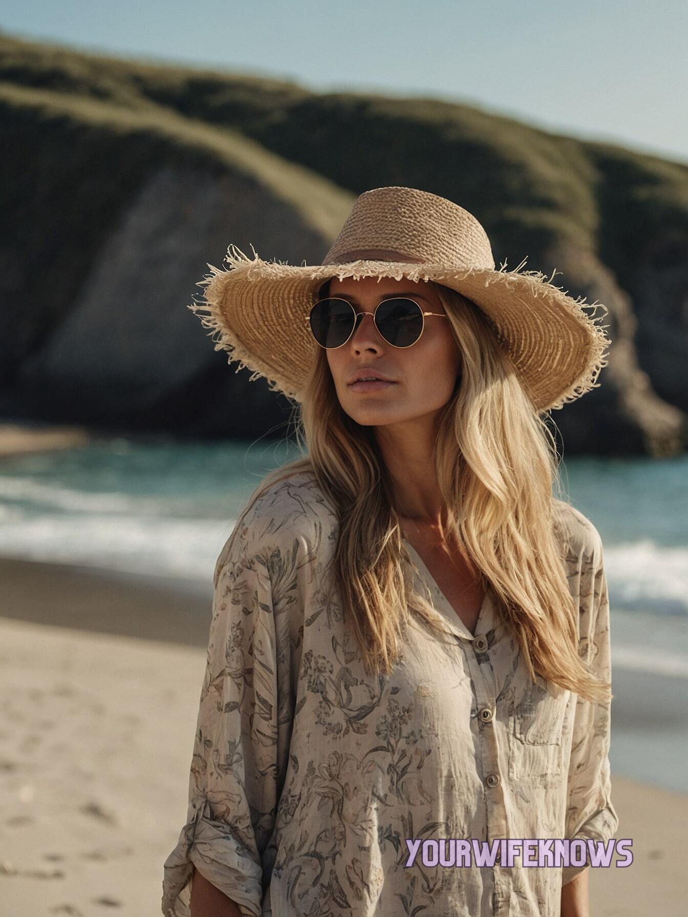 Sunlit beach waves under a stylish hat