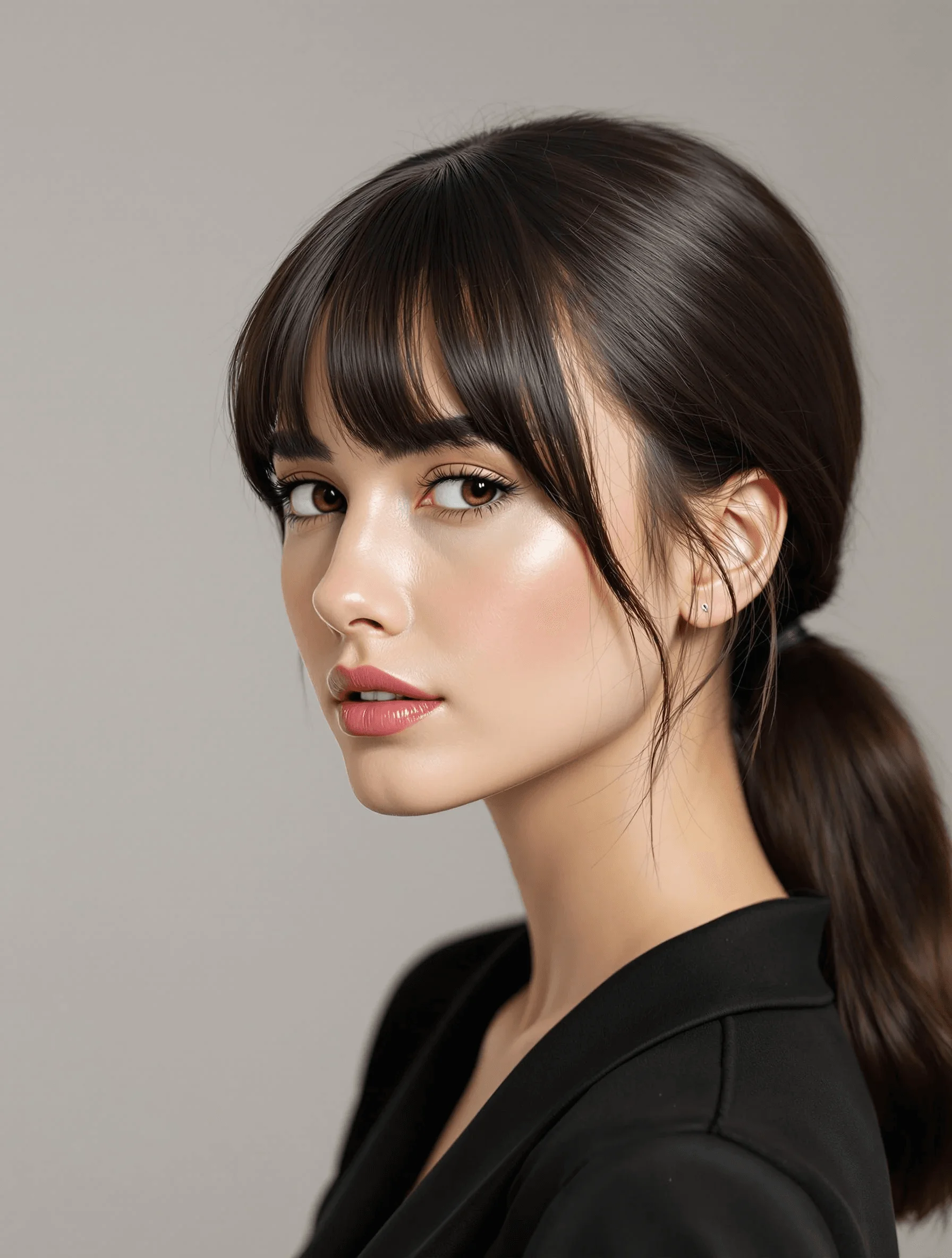Sleek low ponytail with bangs and shine
