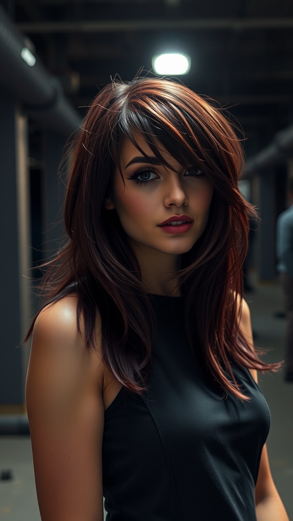 Layered brunette with side bangs and shine