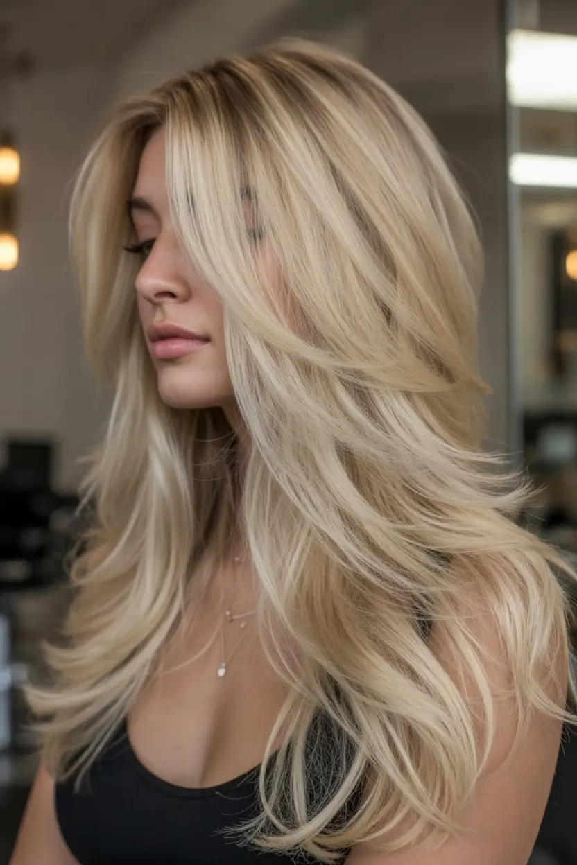 Luxurious blonde layers with volume and shine