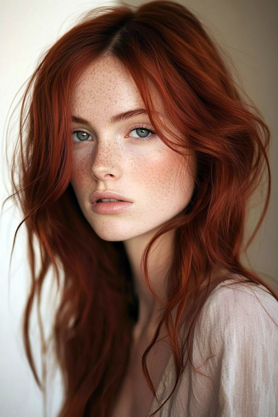 Fiery red tousled layers with natural texture