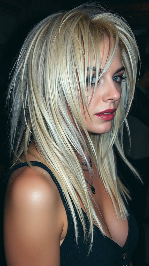 Edgy platinum shag with layers and texture