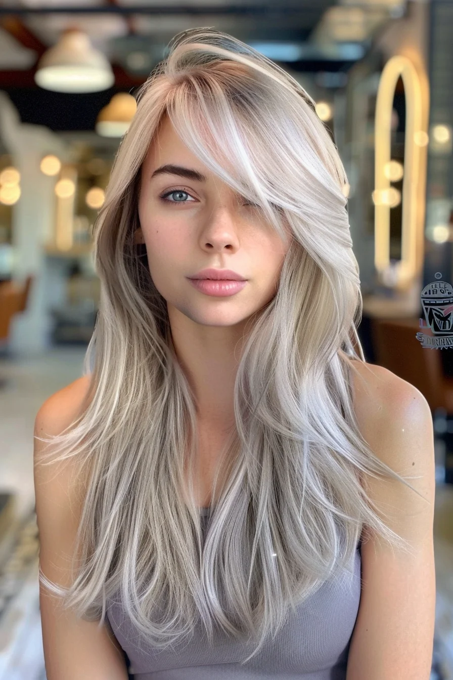 Platinum blonde layers side-swept fringe