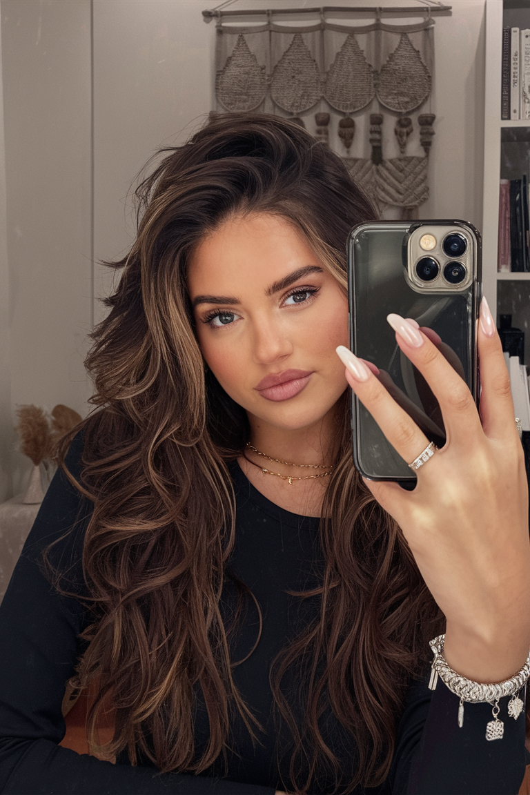 Brunette layers voluminous curls