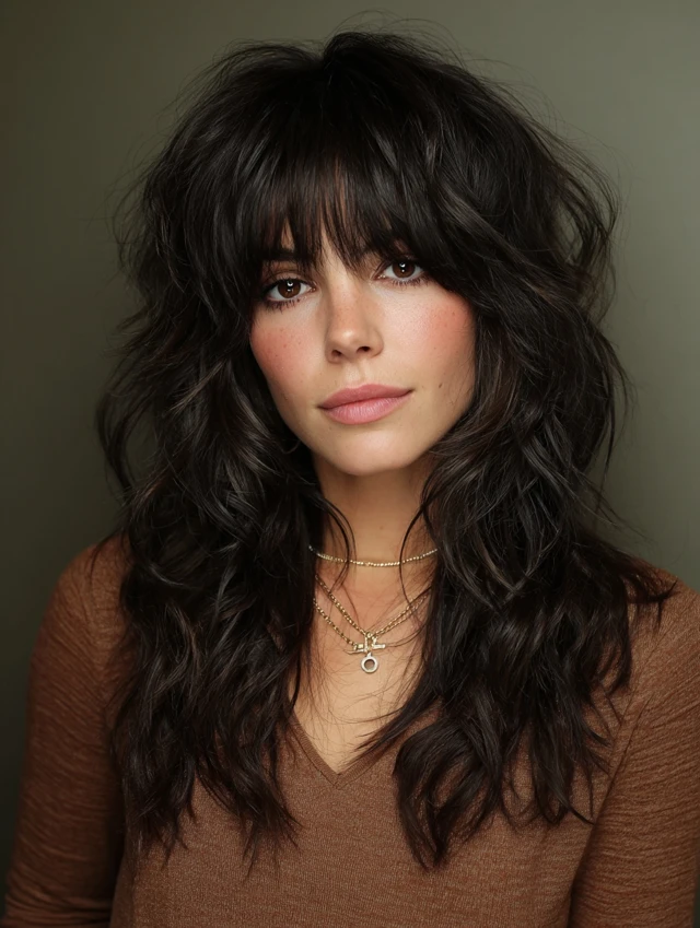 Shaggy black layers textured bangs