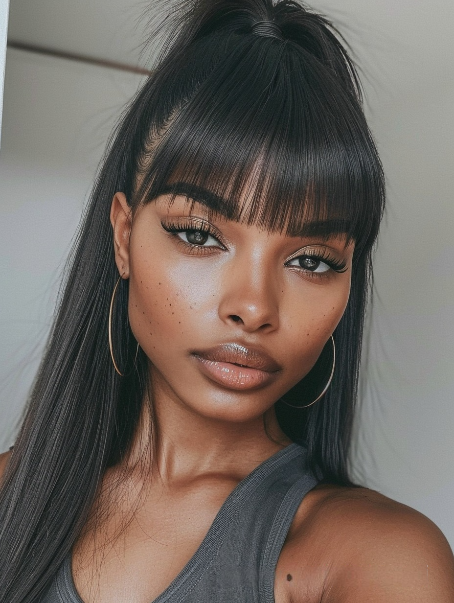 High ponytail with sleek bangs