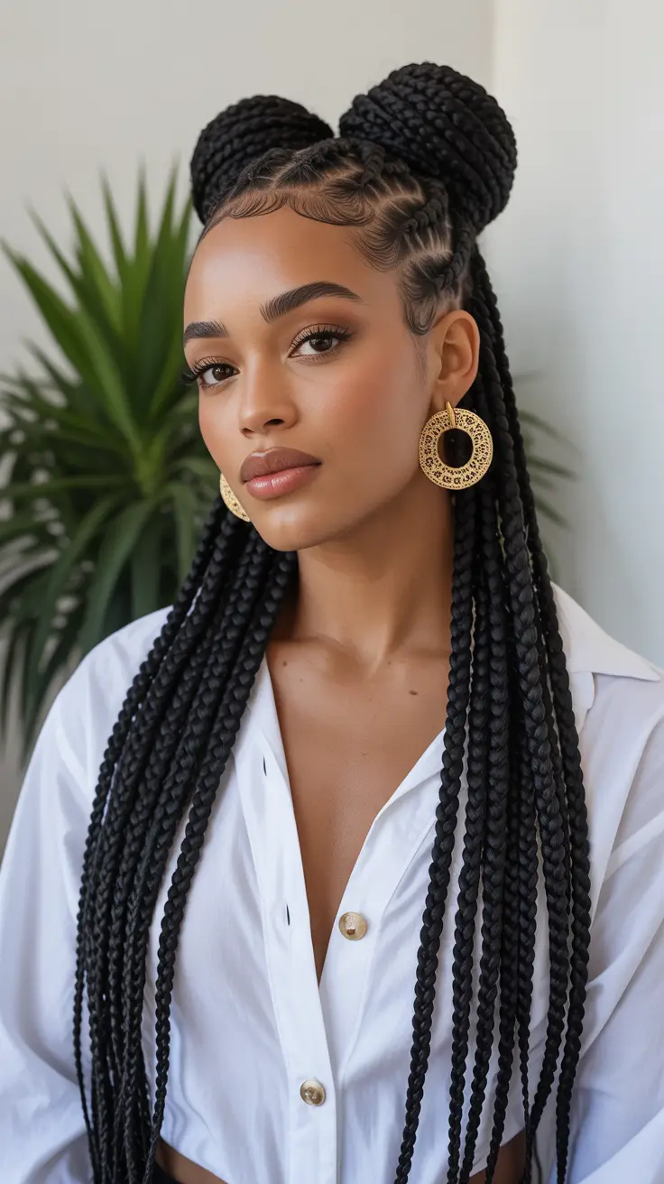 Double bun with long braids