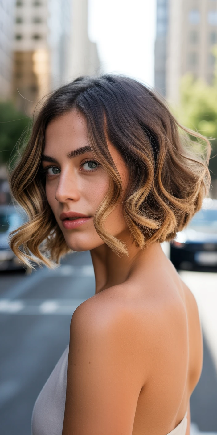 Soft wave ombre on short bob with gentle curls