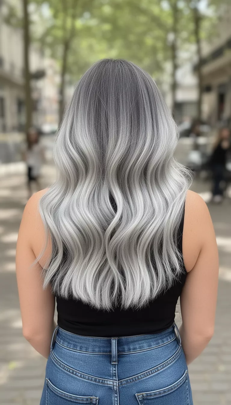 Silver ombre waves on long flowing hair