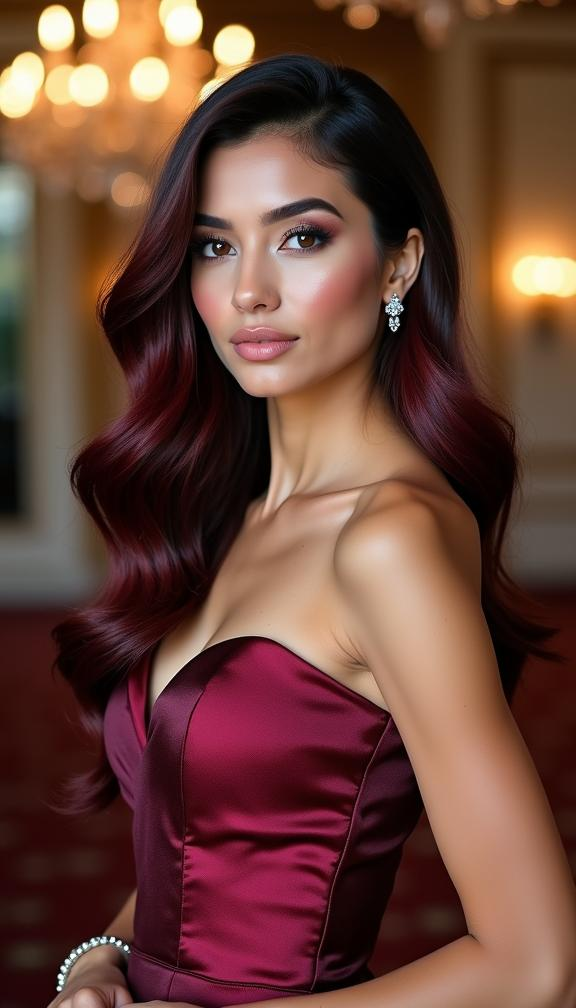 Glamorous deep red ombre on long sleek waves
