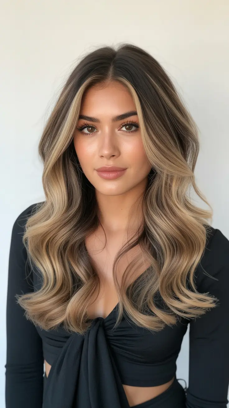 Soft caramel balayage on medium wavy hair