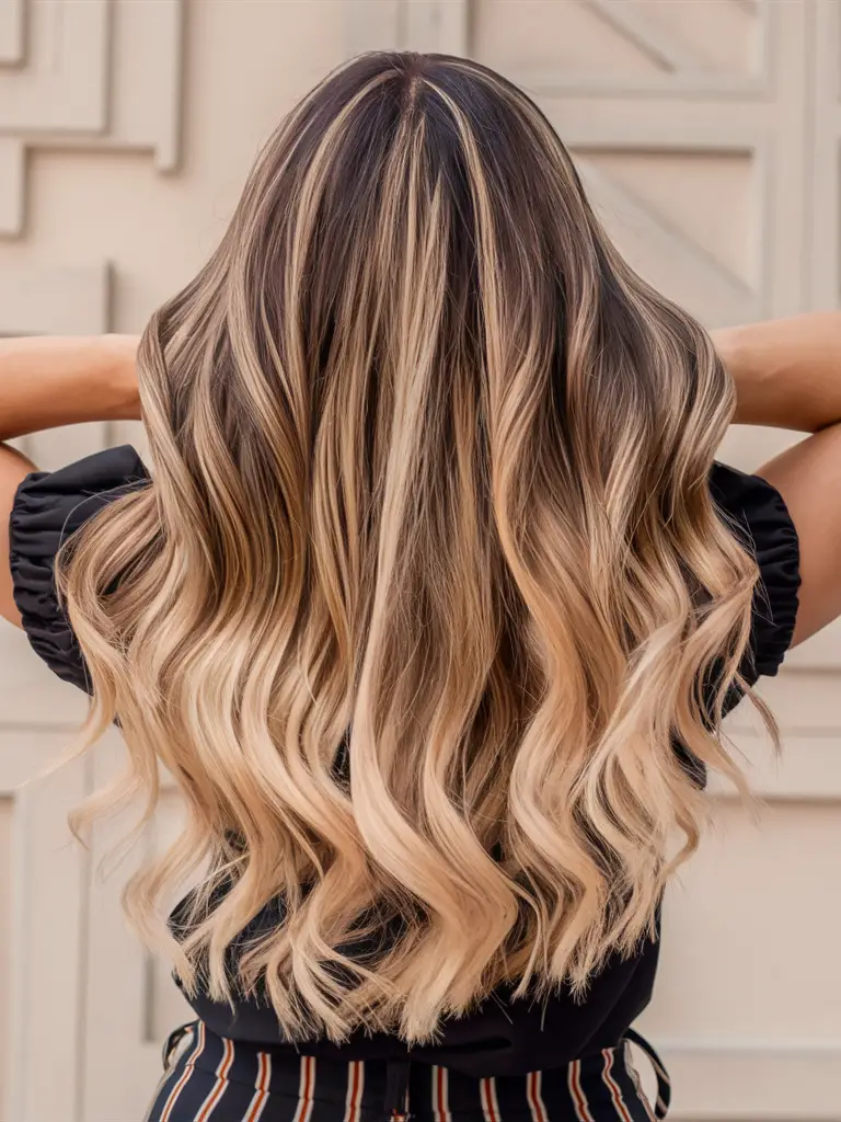 Golden blonde ombre on long wavy hair