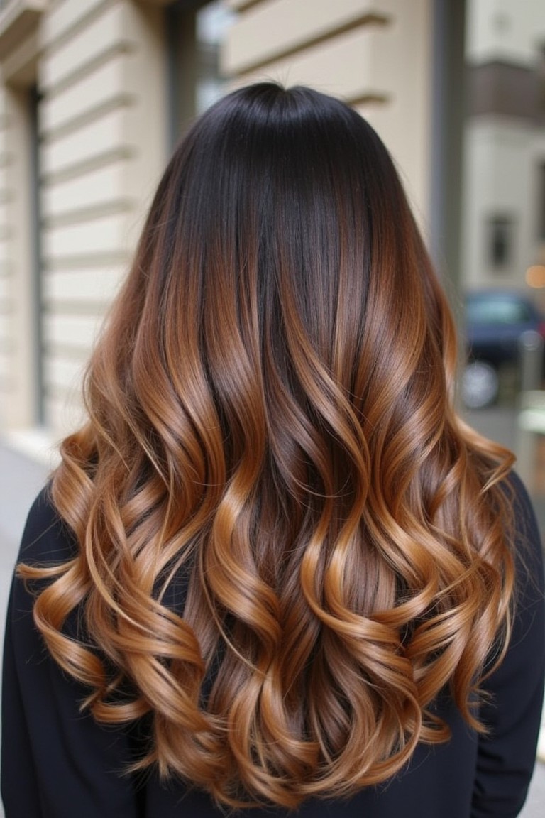 Elegant cinnamon ombre on voluminous curls