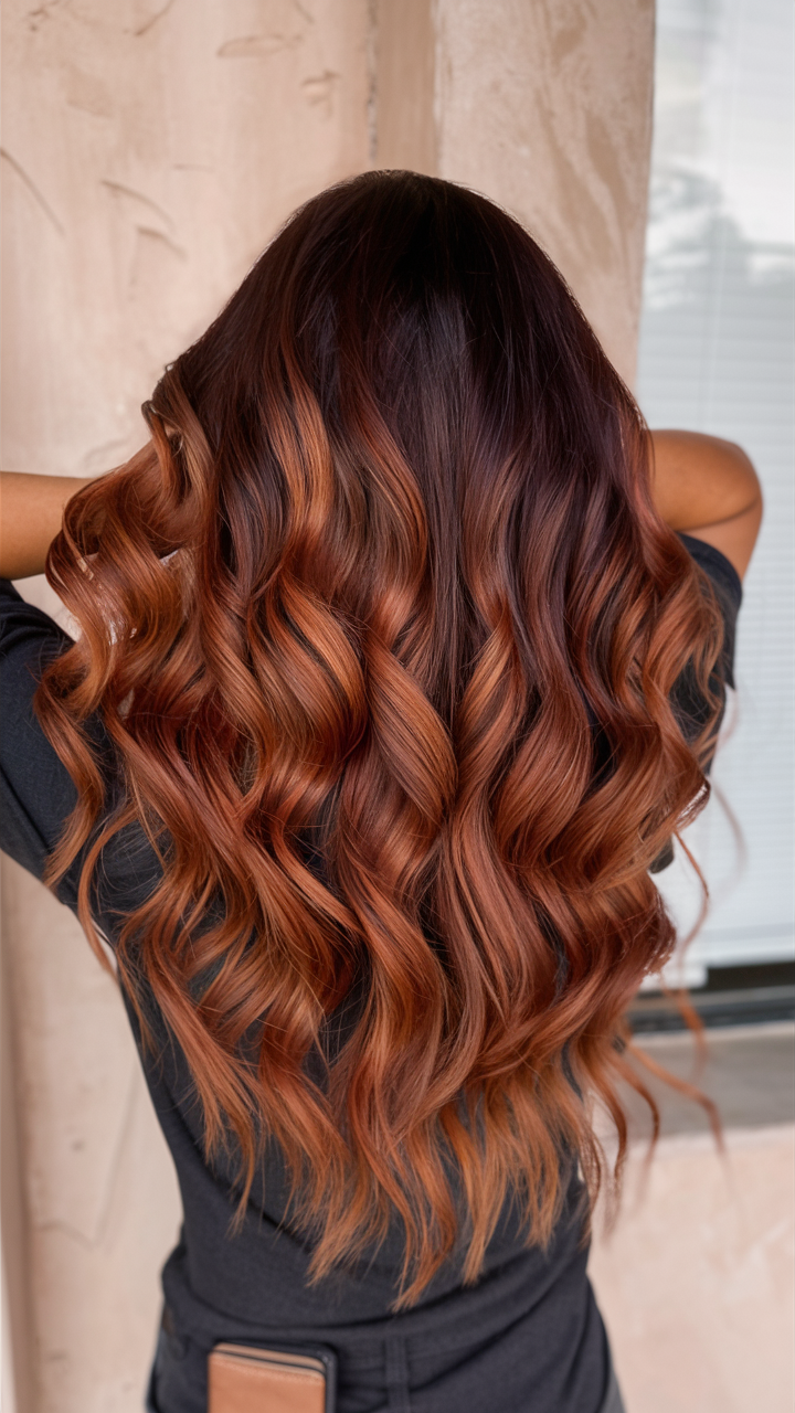 Rich auburn ombre on voluminous curls