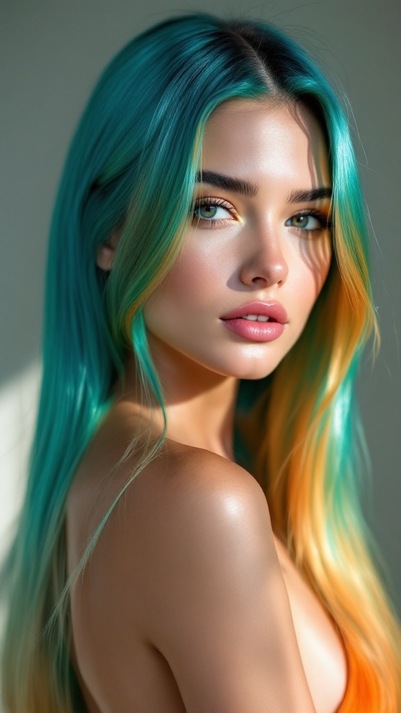 Vivid turquoise and gold ombre on long sleek hair